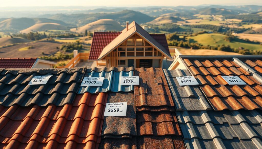 A detailed overhead view of various roofing materials and their associated costs. In the foreground, an array of roofing tiles, shingles, and metal panels are displayed, each with a price tag indicating the cost per square meter. The middle ground features a partially constructed house with a steep pitched roof, allowing for a comparison of the different roofing options. In the background, a serene landscape with rolling hills and a clear sky sets the scene, creating a sense of calm and contemplation. The lighting is warm and natural, casting soft shadows and highlighting the textures and colors of the roofing materials. The overall composition conveys a practical and informative perspective on the financial considerations of roof coverings.