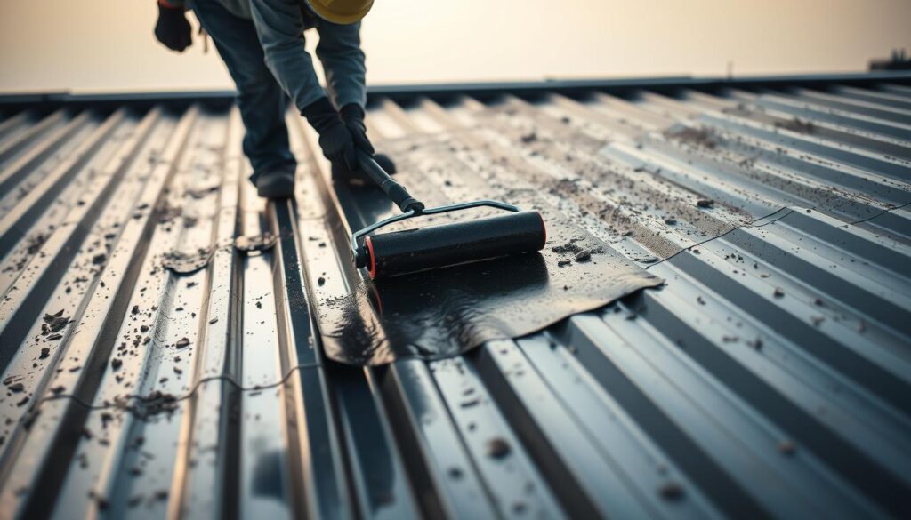 A detailed step-by-step process of sealing a metal roof with a liquid membrane and liquid rubber. A worker, wearing safety gear, applies the sealant with a roller, meticulously covering the entire surface. The scene is illuminated by soft, directional lighting, casting subtle shadows that accentuate the texture of the roof. The camera angle captures the worker's progress, showcasing the application technique and the gradual transformation of the roof's surface. The overall mood is one of focused professionalism, emphasizing the importance of proper roof maintenance and protection.