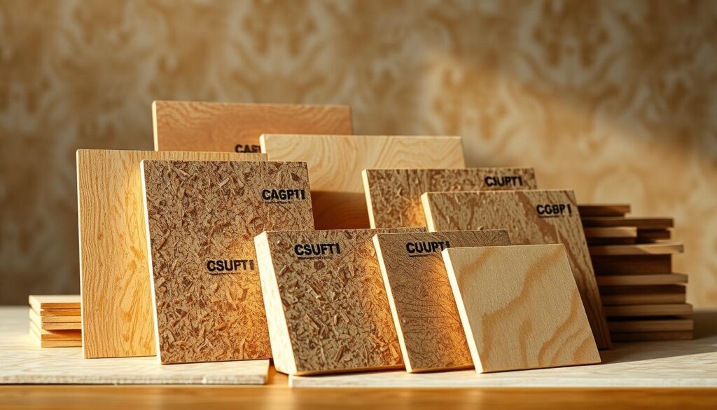 A detailed still life scene showcasing a variety of OSB (Oriented Strand Board) panels in different types and sizes. The foreground features several OSB sheets of varying thicknesses, textures, and edge profiles, arranged in a visually appealing composition. The middle ground includes a selection of OSB panels in various shades of brown, highlighting the distinct grain patterns and structural properties of each type. The background has a softly blurred, neutral backdrop, allowing the OSB panels to be the central focus of the image. Warm, natural lighting from the side casts subtle shadows, emphasizing the materiality and dimensional qualities of the OSB. The overall mood is one of informative calmness, suitable for illustrating the section on "Rodzaje płyt OSB i ich znaczenie przy wyborze pokrycia dachu".