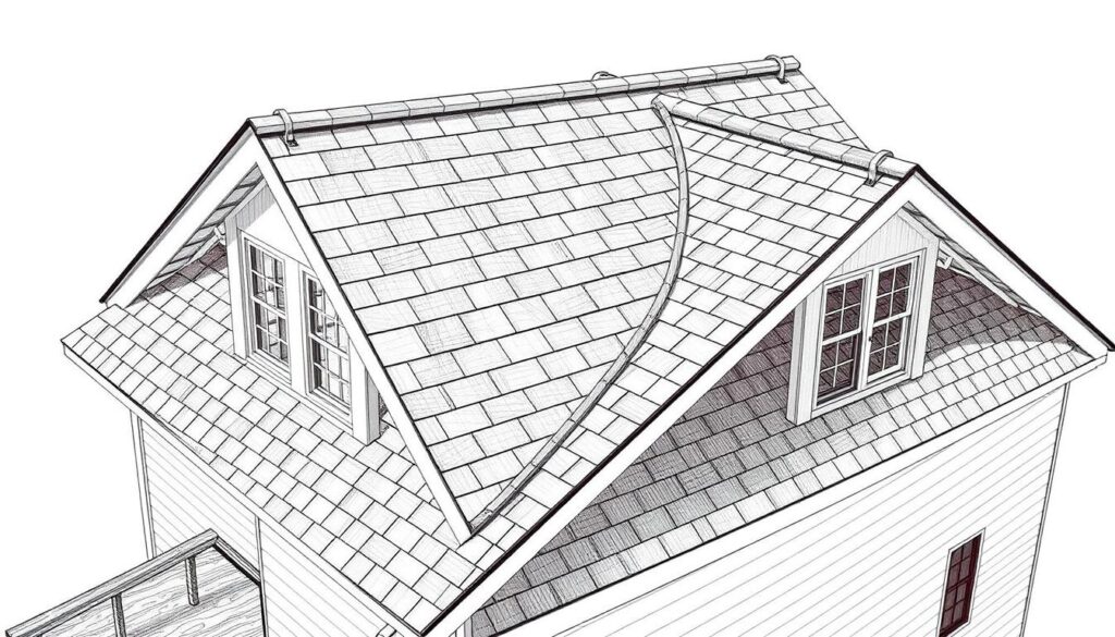 A detailed, technical drawing of a two-pitched roof, captured from an elevated, angled perspective. The roof features symmetrical, gabled slopes, with clearly defined ridge, eaves, and intersecting planes. Render the roof materials in realistic textures, such as shingles or tiles, with subtle variations in color and weathering. Illuminate the scene with soft, natural lighting, casting subtle shadows that emphasize the three-dimensional form. Include relevant architectural details, such as fascia boards, gutters, and any visible structural elements, to provide context and scale. The overall tone should convey a sense of precision and technical expertise, suitable for an instructional article on roof angle calculations.