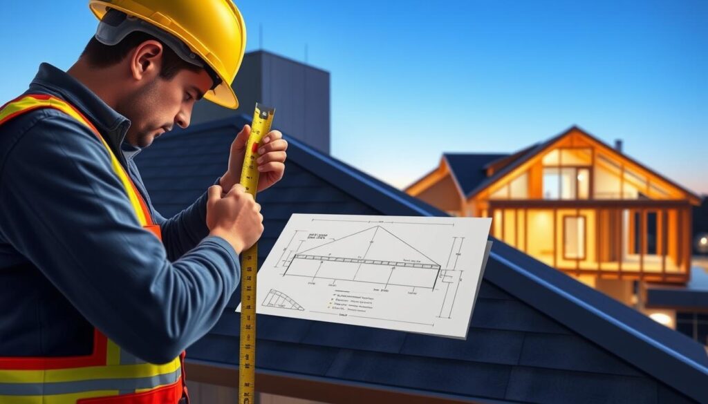 A detailed technical illustration depicting the measurement techniques for a hipped roof. In the foreground, a construction worker carefully takes measurements with a tape measure, capturing the angles and dimensions of the roof's peak, eaves, and hips. In the middle ground, a blueprint or schematic diagram provides a visual reference, showcasing the key measurements required for a hipped roof. The background features a well-lit, modern construction site, with a partially completed hipped roof structure visible in the distance, providing context for the measurement process. The overall scene conveys a sense of precision, professionalism, and attention to detail, as required for accurately measuring a complex hipped roof structure.