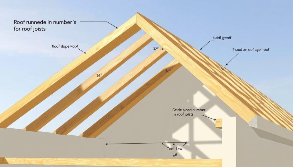 A detailed technical illustration of a gable roof with clearly delineated roof trusses and rafters, showcasing a practical method to calculate the number of roof joists. The scene is lit by natural daylight, captured from an angle that provides a clear, unobstructed view of the roof structure. The rendering features precise measurements, dimensions, and annotated construction details to guide the viewer through the process of estimating the required number of roof joists for a typical two-slope roof design. The overall tone is informative and instructional, focusing on the functional aspects of roof construction rather than artistic embellishments. A detailed technical illustration of a gable roof with clearly delineated roof trusses and rafters, showcasing a practical method to calculate the number of roof joists. The scene is lit by natural daylight, captured from an angle that provides a clear, unobstructed view of the roof structure. The rendering features precise measurements, dimensions, and annotated construction details to guide the viewer through the process of estimating the required number of roof joists for a typical two-slope roof design. The overall tone is informative and instructional, focusing on the functional aspects of roof construction rather than artistic embellishments.