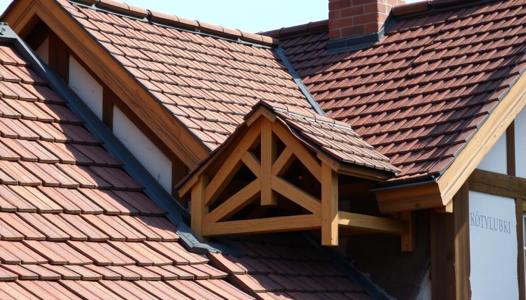 A detailed, well-lit architectural exterior shot of a gabled roof in traditional Polish style, capturing the essential elements that contribute to its construction cost. The foreground showcases the intricate roofing tiles, their pattern and texture clearly visible. The middle ground features the sturdy wooden beams and trusses that form the roof's structural support, while the background reveals the overall shape and slope of the roof. Lighting is natural, with soft shadows accentuating the depth and dimensionality of the scene. The image conveys a sense of craftsmanship and attention to detail, reflecting the care and expertise required in roof construction.
