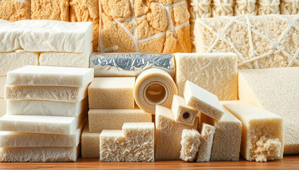 A detailed, well-lit still life composition depicting a variety of common insulation materials. In the foreground, various cut and stacked sections of fiberglass, mineral wool, and rigid foam panels are arranged artfully. In the middle ground, rolls of reflective foil and batts of cellulose insulation are visible. The background showcases textured samples of spray foam and blown-in insulation. The materials are lit from multiple angles to showcase their unique textures, densities, and thermal properties. The overall scene conveys a sense of study and comparison of different insulation types and their practical applications. A detailed, well-lit still life composition depicting a variety of common insulation materials. In the foreground, various cut and stacked sections of fiberglass, mineral wool, and rigid foam panels are arranged artfully. In the middle ground, rolls of reflective foil and batts of cellulose insulation are visible. The background showcases textured samples of spray foam and blown-in insulation. The materials are lit from multiple angles to showcase their unique textures, densities, and thermal properties. The overall scene conveys a sense of study and comparison of different insulation types and their practical applications.