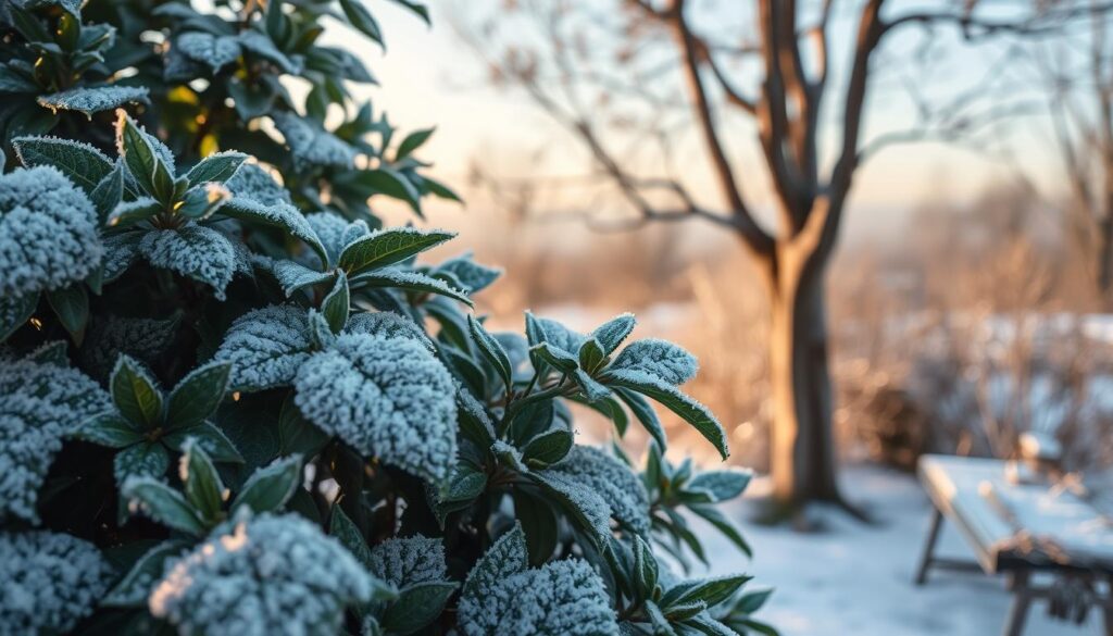 A detailed winter scene of an oleander plant, its lush foliage protected by a cozy blanket of frost. The foreground showcases the plant's waxy, evergreen leaves dusted with delicate ice crystals, casting a serene, tranquil mood. The middle ground reveals the plant's sturdy, woody stems, pruned and ready for the cold season. In the background, a soft, hazy landscape of barren trees and muted skies, emphasizing the oleander's resilience against the harshness of winter. Warm, diffused lighting illuminates the scene, creating a sense of peaceful dormancy. Captured with a wide-angle lens to provide a comprehensive view of the plant's winter care and survival strategies.