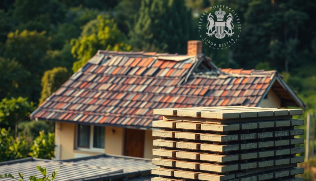 A dilapidated, asbestos-ridden roof sits atop a modest rural home, its deteriorating shingles a stark contrast to the lush green landscape surrounding it. In the foreground, a stack of new roofing materials, including sleek, modern tiles, stands ready for installation. The scene is bathed in soft, warm lighting, creating a sense of anticipation and the promise of a much-needed transformation. In the background, a looming government logo suggests the availability of financial assistance for this critical home improvement project. The overall composition conveys the importance of this process, both for the homeowner's safety and the community's well-being.