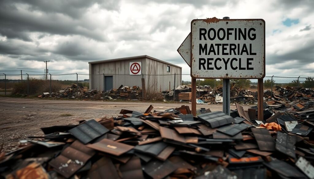 A dilapidated roofing material recycling center, with a weathered sign pointing the way. In the foreground, discarded roof shingles and tar paper lay scattered, waiting to be properly disposed of. The middle ground features a nondescript concrete building with a faded logo, surrounded by a chain-link fence. In the background, a cloudy sky looms, casting a somber tone over the scene. Subtle natural lighting illuminates the area, capturing the worn and neglected atmosphere. The overall composition conveys the importance of responsible waste management for roofing materials, setting the stage for the informative article.