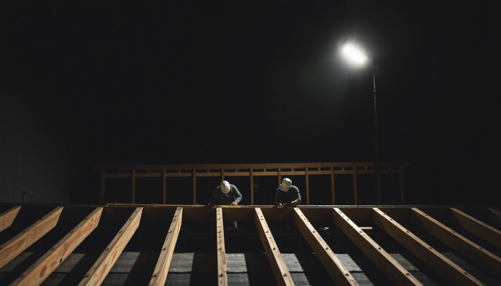 A dimly lit construction site, with a partially built roof in the foreground. In the middle ground, a team of workers struggling to measure and align the roof's diagonal supports, their faces etched with expressions of confusion and frustration. In the background, a shadowy figure represents the common pitfalls of improper roof setup - a crooked frame, sagging beams, and misaligned trusses. The scene is lit by a single, harsh floodlight, casting long, dramatic shadows and highlighting the importance of precision in this critical stage of construction. The overall atmosphere conveys the challenges and consequences of the "most common mistakes" in setting the roof's diagonal, a cautionary tale for builders.