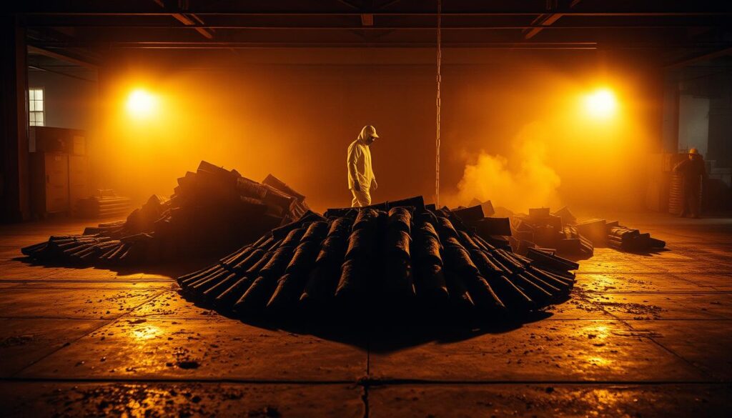 A dimly lit industrial setting, with a looming, dusty pile of asbestos-containing roofing tiles in the foreground. The tiles are bathed in an eerie, amber-tinted light, casting long shadows across the concrete floor. In the middle ground, a worker in a protective hazmat suit examines the tiles, their movements cautious and deliberate. The background is hazy, with a sense of containment and control, reflecting the hazardous nature of the material. The overall mood is one of caution, awareness, and the need for proper handling and disposal of asbestos-based materials.