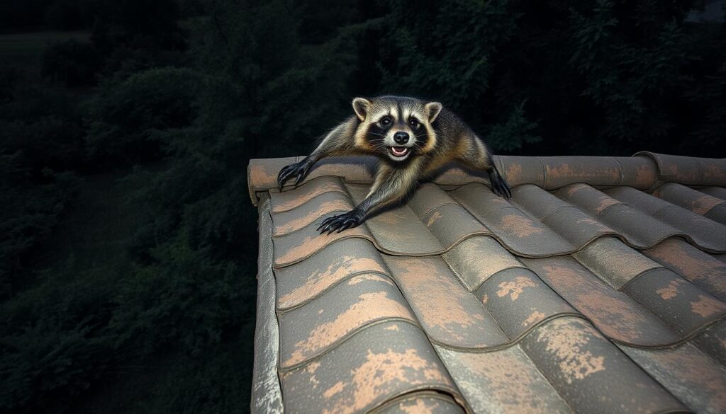 A furry raccoon-like creature cautiously navigating across the weathered roof tiles of an old rural house, its sharp claws gripping the uneven surface. The dim, overcast lighting casts long shadows, creating a sense of tension and foreboding. In the background, a lush, overgrown garden and dense forest trees frame the scene, hinting at the creature's natural habitat encroaching on the human dwelling. The image conveys the unsettling presence of the nimble animal intruder, emphasizing the potential risks and damage it poses to the structural integrity and safety of the building.