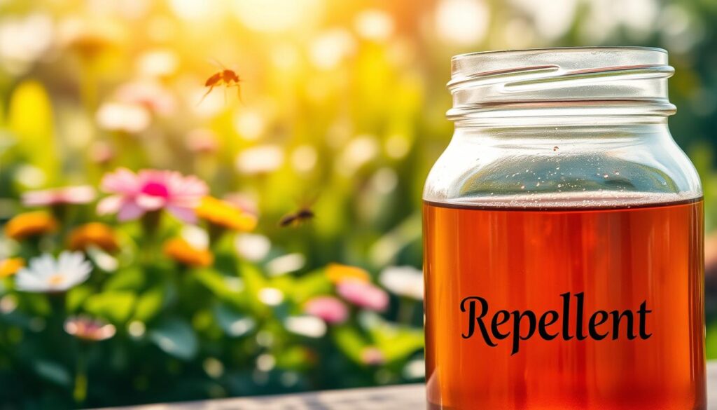 A glass jar filled with a clear, amber-colored liquid stands prominently in the foreground, casting a warm, inviting glow. The jar's label clearly displays the words "Repellent" in bold, elegant typography, immediately conveying its purpose. In the middle ground, a lush, verdant garden scene unfolds, with various plants and flowers swaying gently in a soft breeze. Buzzing insects flutter around, hinting at the need for the repellent. The background is softly blurred, allowing the jar and its contents to take center stage, emphasizing its importance as an effective, natural solution for keeping mosquitoes at bay in the garden.