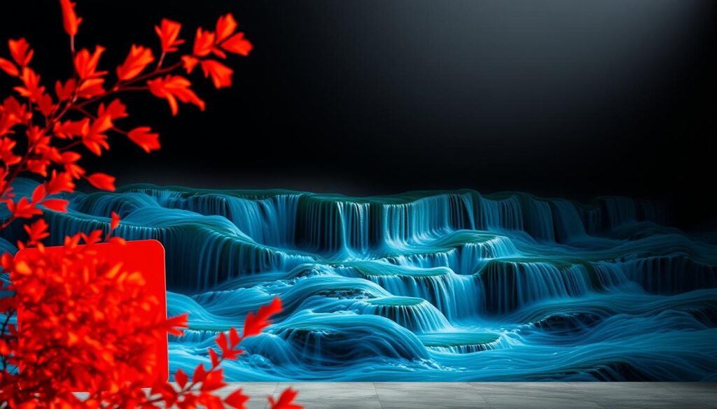 A harmonious interplay of contrasting colors and bold compositions. In the foreground, vibrant hues of red and orange dance across geometric shapes, creating a striking visual rhythm. The middle ground features a cascading blend of blues and greens, evoking a sense of tranquility and balance. In the background, a moody gradient of deep, inky blacks and grays provides a dramatic backdrop, adding depth and complexity to the overall scene. Soft, diffused lighting casts gentle shadows, accentuating the interplay of light and shadow. The composition is carefully structured, guiding the viewer's eye through a visually captivating and emotionally resonant exploration of color and form.