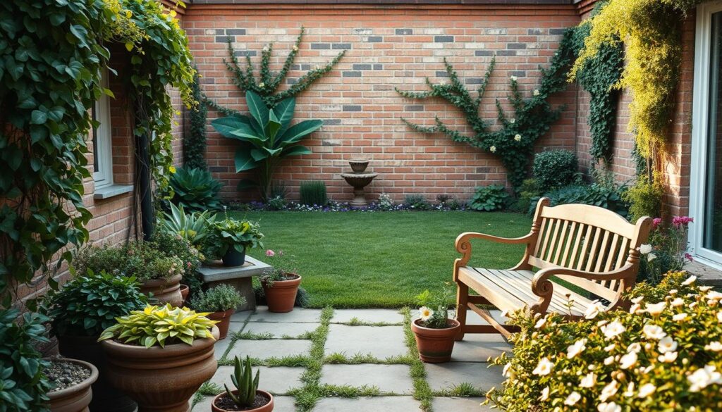 A harmonious small garden oasis, with a lush and inviting patio area in the foreground. Carefully arranged potted plants, trailing vines, and a charming wooden bench create a cozy and intimate atmosphere. The middle ground features a well-manicured lawn, dotted with delicate flowers in a color palette of soft pastels. In the background, a picturesque brick wall acts as a natural backdrop, adding depth and texture to the scene. The lighting is warm and diffused, casting a golden glow that enhances the natural beauty of the garden. The overall composition conveys a sense of tranquility and balance, reflecting the harmonious design principles of this charming small garden.