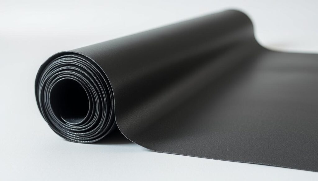 A high-quality close-up photograph of a rolled-up, heat-sealed bitumen roofing membrane, known as "papa termozgrzewalna" in Polish. The material appears sturdy, with a matte black surface and visible bitumen texture. The roll is positioned on a neutral background, allowing the product to be the focal point. Soft, diffused lighting from the side creates gentle shadows, highlighting the material's dimensional qualities. The overall composition is clean, professional, and designed to showcase the roofing product in detail, emphasizing its technical specifications and suitability for the article's purpose.
