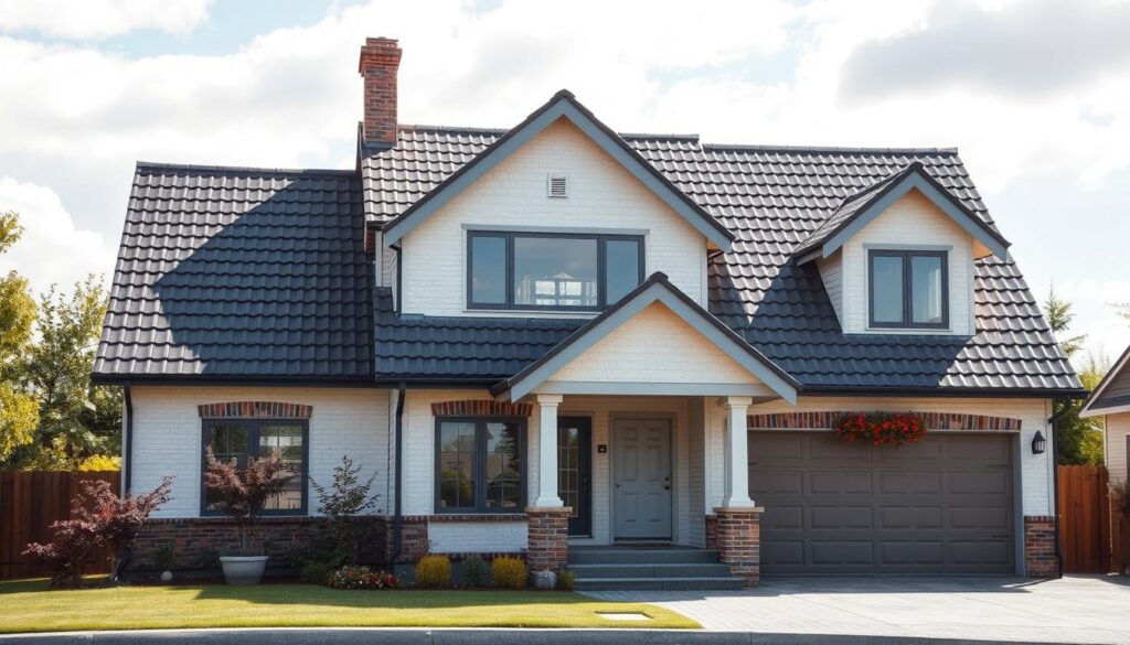 A high-quality, detailed architectural rendering of a residential house with a raised roof, showcasing the construction process and cost breakdown. The image should depict the front view of the house, with a clear focus on the roofing system. Utilize natural lighting and a shallow depth of field to highlight the roofing materials, including the tiles or shingles, and provide a visually striking perspective. The scene should convey a sense of scale, allowing viewers to gauge the approximate square footage of the roof area. Include subtle textural elements and shadows to enhance the realism and depth of the image, creating an immersive and informative visual representation of the roof raising process and associated costs.