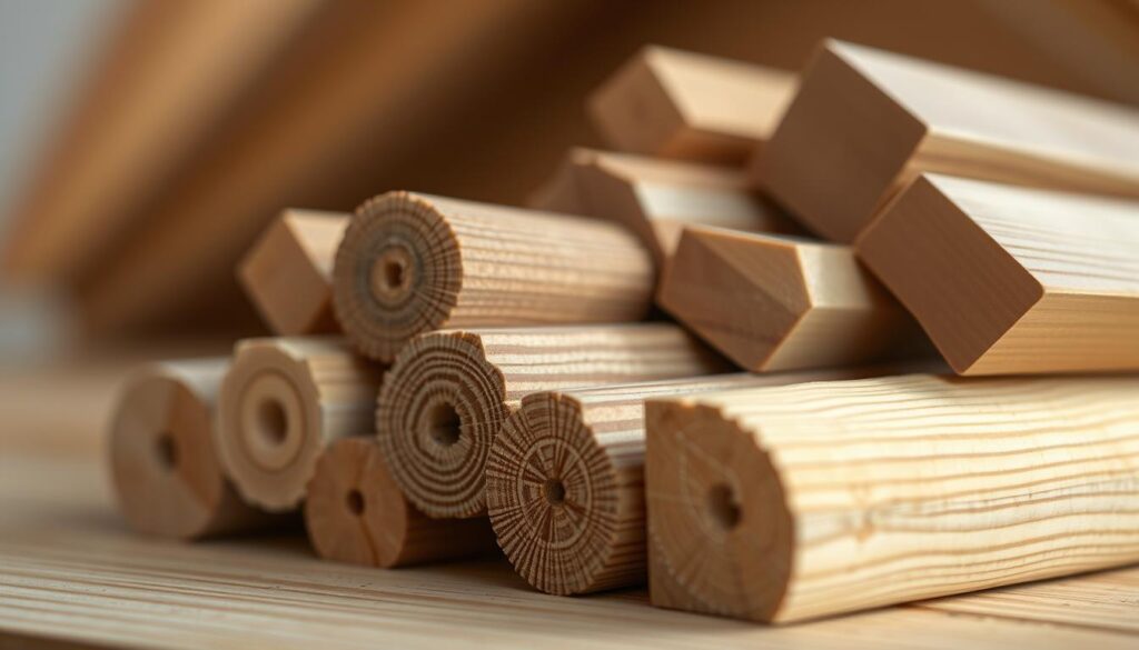 A high-resolution image showcasing various types of roof battens in intricate detail. The scene features a close-up view of several wooden roof battens, each with distinct cross-sections and grain patterns. The battens are positioned in a visually appealing arrangement, allowing the viewer to clearly examine their unique shapes and sizes. The lighting is soft and diffused, creating a warm, natural atmosphere that enhances the tactile quality of the materials. The background is subtly blurred, directing the focus entirely on the craftsmanship and diversity of the roof battens. This image will serve as a comprehensive visual reference for the "Rodzaje łat dachowych i ich przekroje" section of the article.
