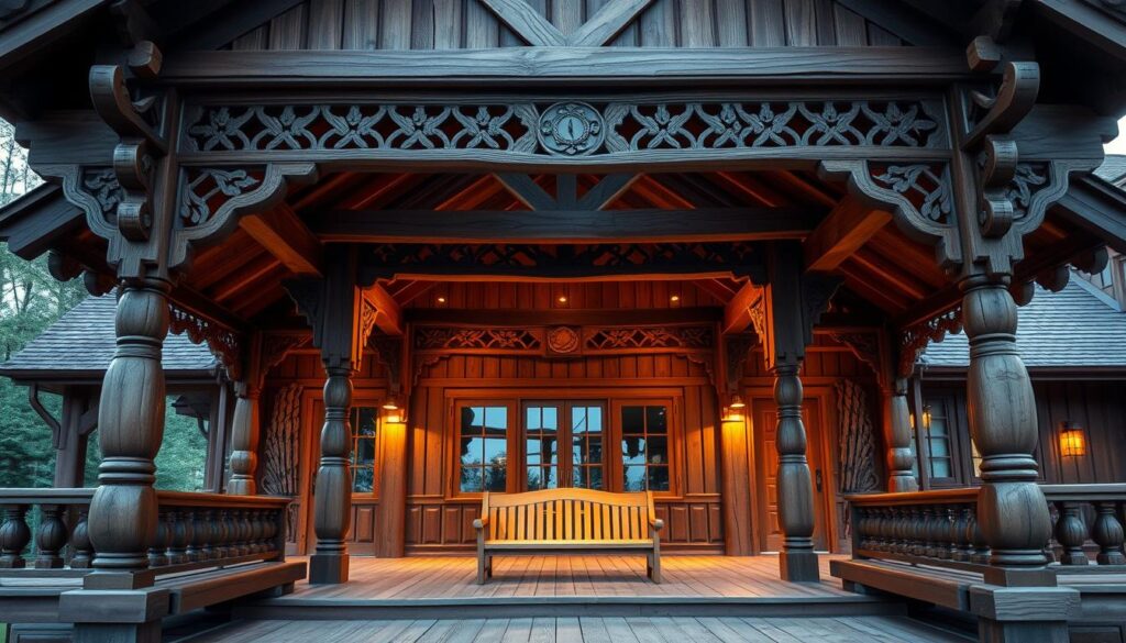 A large, cozy wooden porch with a traditional, rustic design. The structure features intricately carved wooden beams, posts, and railings, creating a warm and inviting entryway. The porch is illuminated by soft, ambient lighting, casting a gentle glow and highlighting the natural wood tones. In the middle ground, a wooden bench or seating area invites visitors to sit and enjoy the peaceful ambiance. The background showcases a charming country house or cottage, blending seamlessly with the porch's rustic aesthetic. The overall scene conveys a sense of comfort, authenticity, and a connection to nature, perfectly capturing the essence of a "drewniany ganek" in a home setting.
