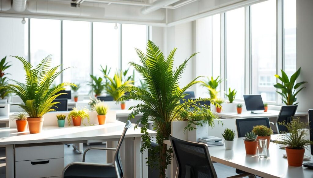 A light-filled office, with lush, verdant plants adorning the workspace. Tall, leafy ferns and potted succulents scattered across the desks, adding pops of natural green to the minimalist, monochrome decor. Soft, diffused sunlight filters through large windows, casting a warm, nurturing glow on the thriving foliage. Sleek, modern furniture provides a clean backdrop, allowing the vibrant plants to take center stage. The biophilic design creates a sense of calm and focus, inspiring productivity and well-being in the urban environment. A tranquil oasis amidst the bustling office setting.