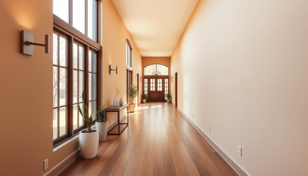 A long, narrow corridor with warm, natural lighting filtering in from large windows lining one side. The walls are painted a soft, earthy tone, complemented by wooden flooring and minimalist decor - a few potted plants, a sleek console table, and a pair of modern, streamlined sconces. The space feels open and airy, yet cozy, with a sense of calming elegance. The perspective draws the eye down the length of the hallway, leading to a inviting, sun-drenched entryway at the far end.