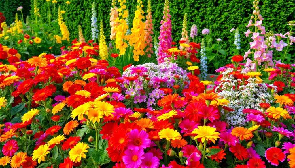 A lush and vibrant flower bed, filled with a bountiful display of colorful blooms. In the foreground, a vibrant mix of petunias, marigolds, and zinnias burst forth in a harmonious palette of reds, yellows, and oranges, their delicate petals catching the warm, golden light of the afternoon sun. The middle ground features a mix of tall, stately delphiniums and cascading, fragrant sweet alyssum, their soft hues creating a serene and enchanting atmosphere. In the background, a backdrop of verdant, well-manicured foliage frames the scene, adding depth and texture to the overall composition. The entire tableau is bathed in a soft, diffused lighting, evoking a sense of tranquility and natural beauty.