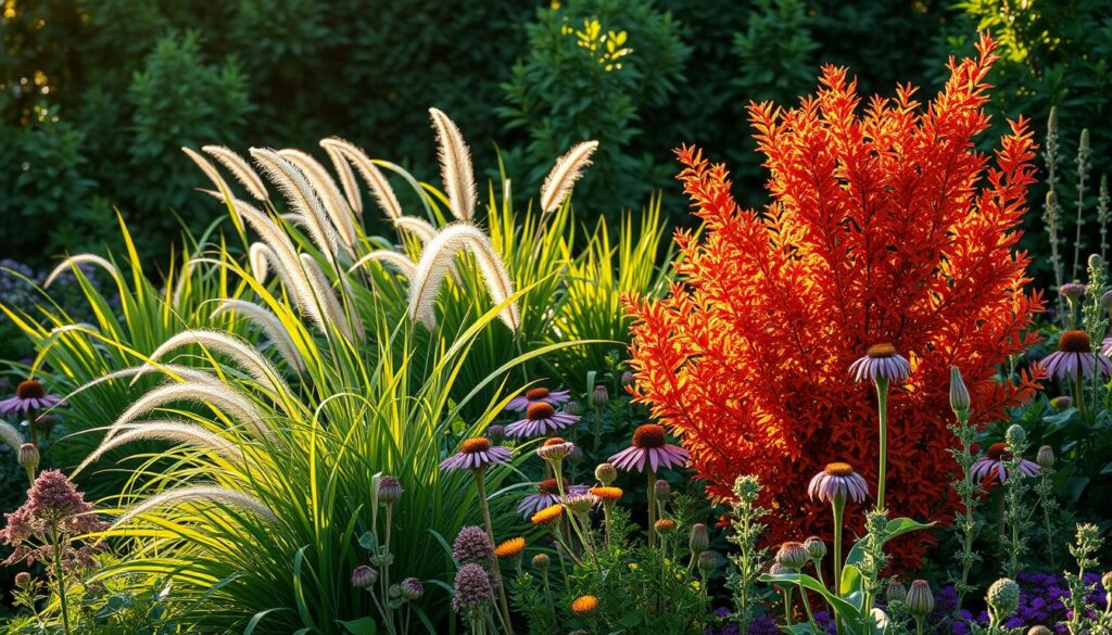 A lush and vibrant garden scene featuring a well-established Berberis shrub surrounded by a harmonious mix of perennial plants. The Berberis, with its vivid orange-red foliage, stands tall and proud in the foreground, casting warm, golden light across the composition. Interspersed throughout the middle ground are delicate, swaying grasses in hues of green and purple, complemented by the rich, velvety blooms of late-summer flowers like Echinacea and Helenium. The background is filled with a soft, hazy blur of verdant foliage, creating a sense of depth and tranquility. The lighting is natural and diffused, accentuating the vibrant colors and textures of the plants. The overall mood is one of abundant, lush beauty, perfectly capturing the essence of the "Berberys z bylinami" theme.