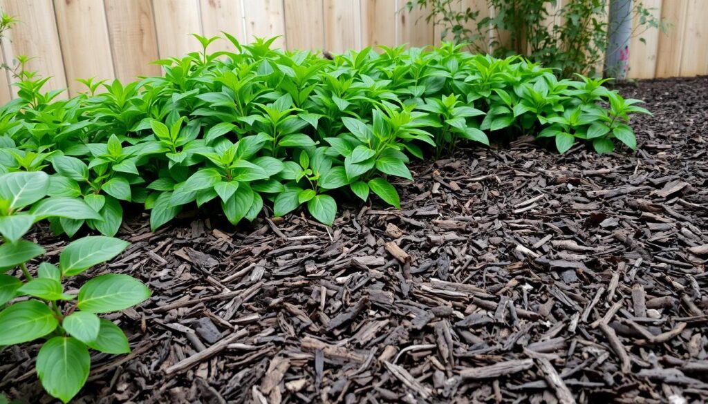 A lush garden bed filled with vibrant green foliage, nestled against a backdrop of natural wooden fencing. The foreground features a thick layer of rich, dark brown bark mulch, gently covering the soil and exposing the intricate patterns and textures of the organic material. Soft, diffused lighting illuminates the scene, casting gentle shadows that enhance the natural, earthy tones. The overall composition conveys a sense of tranquility and harmony, highlighting the benefits of using natural bark as a sustainable and aesthetically pleasing element in the garden.