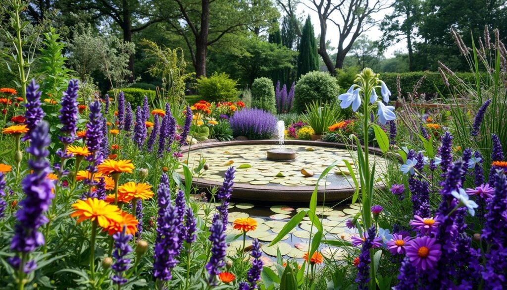 A lush garden filled with diverse vegetation, showcasing natural mosquito deterrents. In the foreground, a variety of aromatic herbs and flowers - citronella, lavender, marigolds, and lemongrass - create a vibrant tapestry. The middle ground features a tranquil water feature, its surface dotted with floating leaves and petals, discouraging mosquito breeding. In the background, a canopy of tall trees and shrubs casts a soft, diffused light, enhancing the serene ambiance. The overall scene conveys a sense of environmental harmony, where natural methods of mosquito prevention are seamlessly integrated into the garden's design.
