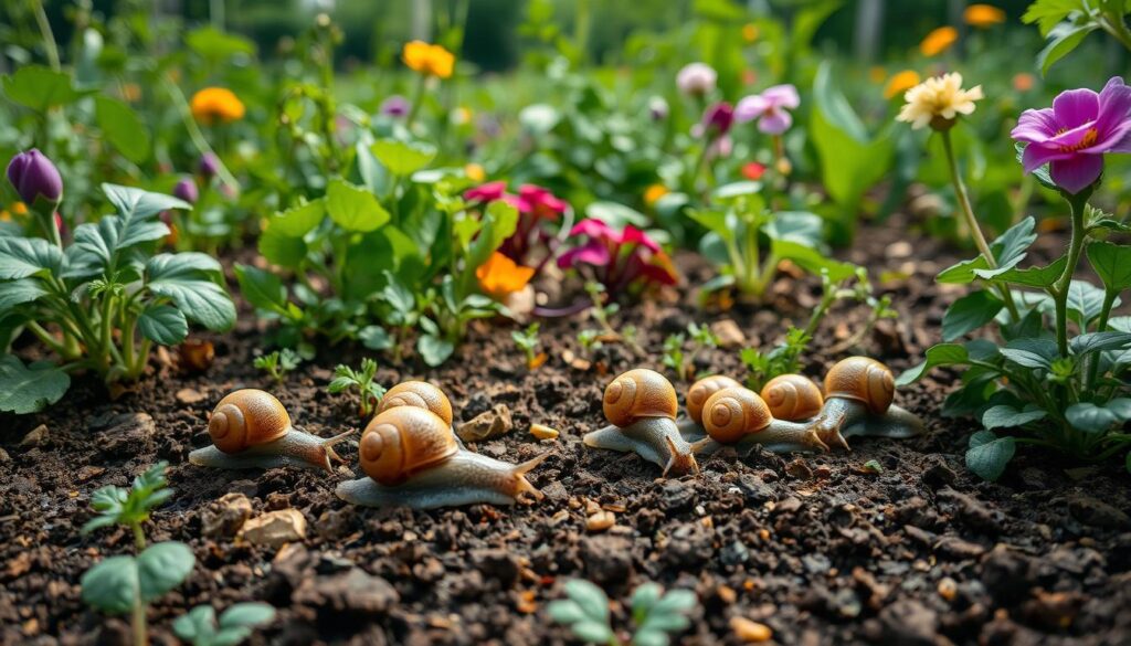 A lush garden filled with various plants and vegetables, with a close-up view of a group of slimy, shell-bearing creatures crawling across the soil. The scene is illuminated by soft, natural lighting, creating a serene and tranquil atmosphere. The foreground showcases the snails in vivid detail, their bodies glistening with moisture, their antennae slowly extending as they navigate the terrain. In the middle ground, a variety of leafy greens, herbs, and flowering plants create a vibrant, verdant backdrop, while the background fades into a blurred, out-of-focus landscape, emphasizing the focal point of the snails. The overall composition and mood evoke a sense of the challenges gardeners face in protecting their plants from these common garden pests, setting the stage for exploring effective strategies to combat the issue.