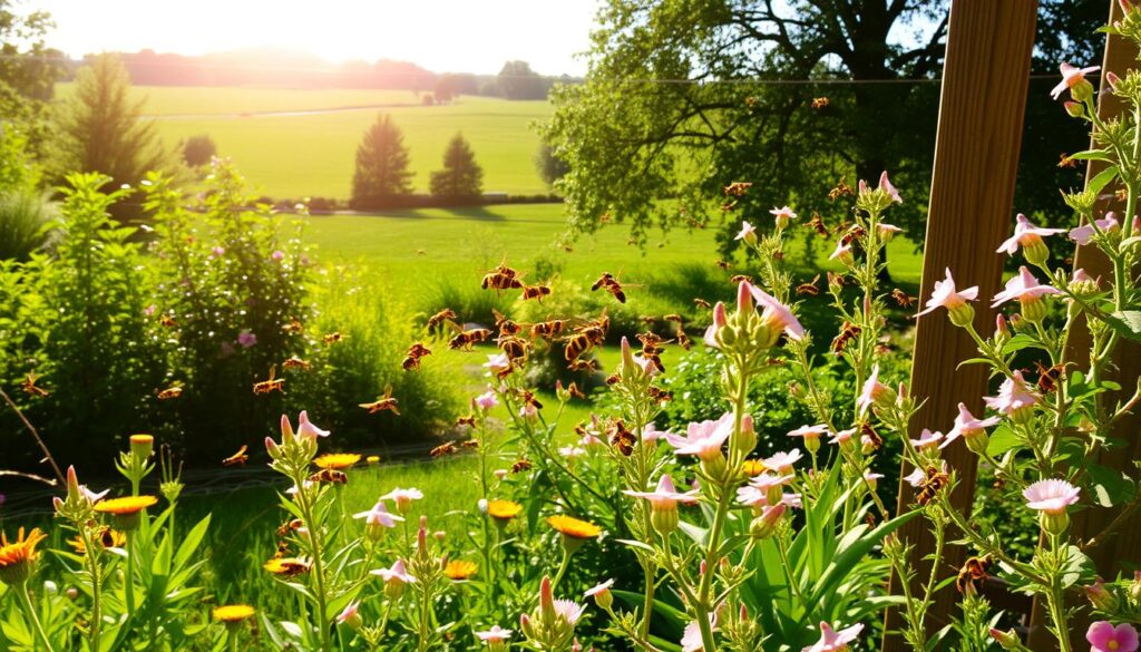 A lush garden in late summer, the sun casting a warm glow over the vibrant foliage. In the foreground, a swarm of yellow and black striped wasps hovers near a wooden fence, their agile movements captured in sharp detail. The middle ground features a variety of flowering plants, their petals gently swaying in a light breeze. In the background, a verdant landscape stretches out, with tall trees providing a natural canopy. The scene conveys a sense of tranquility, yet with an underlying tension, as the viewer anticipates the best way to safely address the presence of the unwelcome wasp visitors.