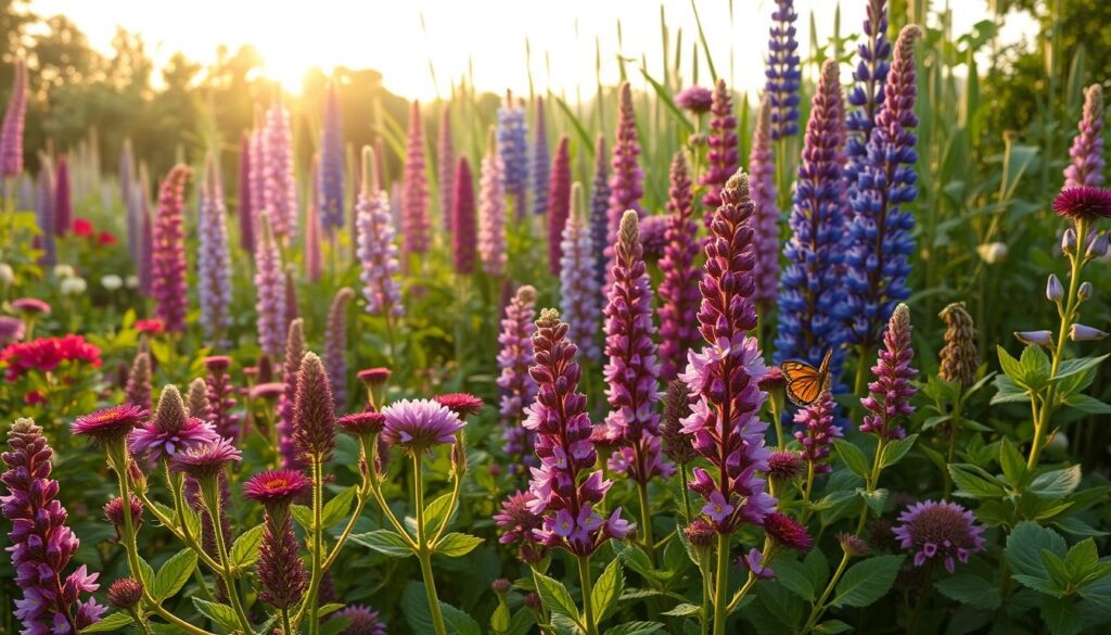 A lush garden in the golden hour, filled with a vibrant array of leguminous plants, their leaves gently swaying in the soft breeze. In the foreground, clusters of purple-pink flowers from vetch and clover plants dot the scene, their nectar-laden blooms attracting a fluttering swarm of butterflies. In the middle ground, the sturdy stems of lupins stand tall, their blue-violet flower spikes reaching skyward. In the background, a mix of green-leaved nitrogen-fixing plants, such as alfalfa and peas, create a diverse tapestry that enriches the soil and provides a natural habitat for pollinators. The overall scene conveys a sense of harmony, where the beneficial legumes work in concert to improve the garden's fertility and ecological balance.