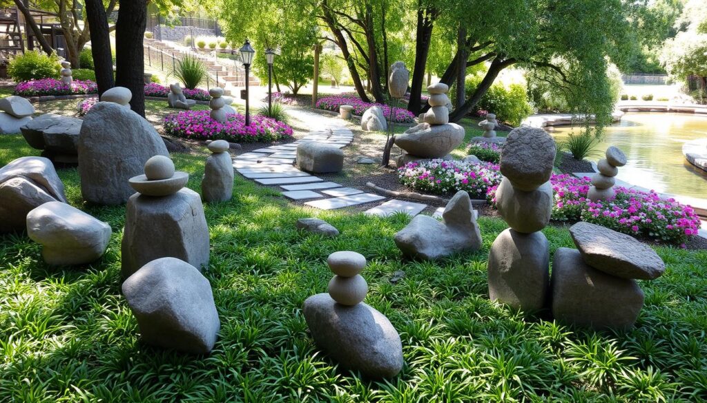 A lush garden oasis, the foreground showcasing an array of decorative stone arrangements. Smooth river rocks and weathered boulders artfully composed into whimsical sculptures, their organic forms casting soft shadows across the verdant ground cover. In the middle ground, a winding stone pathway meanders through vibrant flower beds, the delicate blooms in shades of pink, purple, and white. The background reveals a tranquil pond, its still waters reflecting the dappled sunlight filtering through the canopy of lush trees. The overall scene exudes a sense of serene natural harmony, inviting the viewer to explore this enchanting outdoor haven.