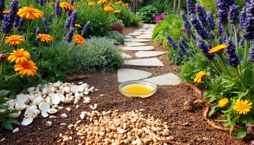 A lush garden scene featuring various natural and homemade methods for deterring slugs and snails. In the foreground, a scattering of crushed eggshells, coffee grounds, and copper strips line the soil. Towering marigolds and lavender plants frame the scene, their pungent aromas wafting through the air. In the middle ground, a strategically placed shallow dish of beer tempts the pests. In the background, a stone pathway winds through a profusion of thriving herbs and plants, all working together to create an inviting, yet slug-free environment. The lighting is soft and natural, casting a warm, earthy glow over the entire tableau.
