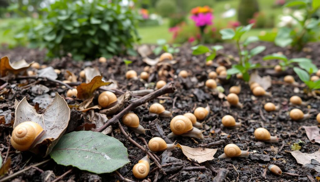 A lush garden scene on an overcast day, showcasing a variety of garden snails (Helix aspersa) crawling along the soil, leaves, and vegetation. The snails are depicted in various sizes and positions, some hidden under fallen leaves or partially submerged in the moist earth. The background features a blurred, verdant landscape with hints of flowers and shrubs, creating a sense of the snails' natural habitat. Soft, diffused lighting illuminates the scene, emphasizing the organic textures and colors of the snails and the surrounding foliage. The overall composition conveys a sense of the snails' presence and the reasons for their appearance in the garden, hinting at the challenges they may pose to the plants. A lush garden scene on an overcast day, showcasing a variety of garden snails (Helix aspersa) crawling along the soil, leaves, and vegetation. The snails are depicted in various sizes and positions, some hidden under fallen leaves or partially submerged in the moist earth. The background features a blurred, verdant landscape with hints of flowers and shrubs, creating a sense of the snails' natural habitat. Soft, diffused lighting illuminates the scene, emphasizing the organic textures and colors of the snails and the surrounding foliage. The overall composition conveys a sense of the snails' presence and the reasons for their appearance in the garden, hinting at the challenges they may pose to the plants.
