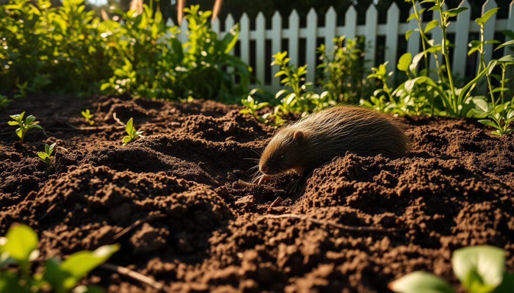 A lush garden scene, with a mole digging furiously in the soft, dark soil. Its clawed paws tear through the earth, creating intricate tunnels and mounds. The sun casts a warm, golden glow over the scene, highlighting the vibrant greens of the surrounding foliage. In the background, a picket fence frames the garden, adding a sense of tranquility and order. The overall mood is one of nature's disruptive, yet captivating, forces at work, as the mole's relentless burrowing transforms the carefully tended landscape. A lush garden scene, with a mole digging furiously in the soft, dark soil. Its clawed paws tear through the earth, creating intricate tunnels and mounds. The sun casts a warm, golden glow over the scene, highlighting the vibrant greens of the surrounding foliage. In the background, a picket fence frames the garden, adding a sense of tranquility and order. The overall mood is one of nature's disruptive, yet captivating, forces at work, as the mole's relentless burrowing transforms the carefully tended landscape.