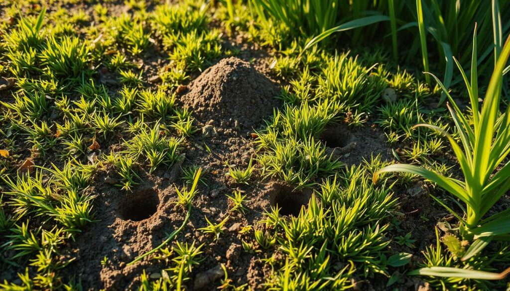 A lush garden scene, with the ground revealing distinct signs of larvae activity. Patches of withered grass, mounds of loose soil, and small holes dotting the lawn indicate the presence of grubs, or pędraki. The camera focuses on these telltale blemishes, capturing the damage with vivid detail. Surrounding the affected areas, healthy, vibrant vegetation contrasts the disrupted sections, highlighting the localized impact of the pests. Warm, natural lighting casts long shadows, creating depth and emphasizing the textural quality of the soil. The overall tone is one of concern and close observation, inviting the viewer to inspect the garden closely for these common but problematic garden invaders.