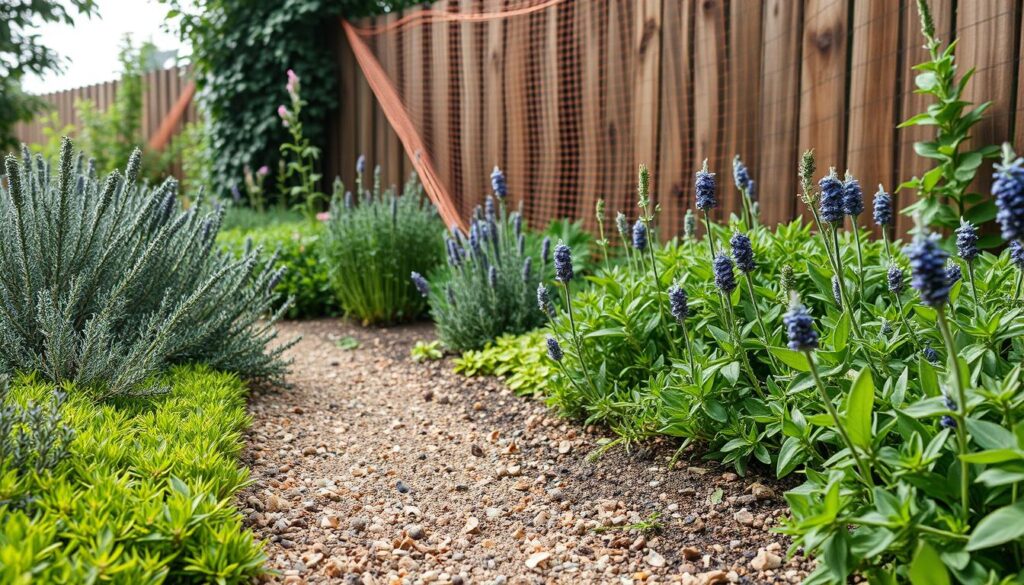 A lush garden setting with a variety of natural deterrents against slugs and snails. In the foreground, a path winds through the vegetation, bordered by crushed eggshells, coffee grounds, and sharp gravel. Midground features dense groundcover plants like thyme, lavender, and rosemary, their strong scents repelling the pests. In the background, a wooden fence is draped with copper or galvanized mesh, creating an effective physical barrier. Diffused natural light filters through the foliage, casting soft shadows and highlighting the organic textures. The overall scene conveys a harmonious balance between botanical beauty and practical pest control measures. A lush garden setting with a variety of natural deterrents against slugs and snails. In the foreground, a path winds through the vegetation, bordered by crushed eggshells, coffee grounds, and sharp gravel. Midground features dense groundcover plants like thyme, lavender, and rosemary, their strong scents repelling the pests. In the background, a wooden fence is draped with copper or galvanized mesh, creating an effective physical barrier. Diffused natural light filters through the foliage, casting soft shadows and highlighting the organic textures. The overall scene conveys a harmonious balance between botanical beauty and practical pest control measures.