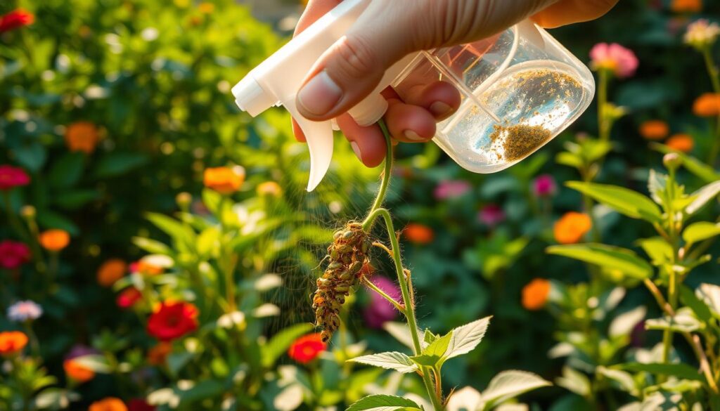 A lush garden setting, with dense foliage and vibrant flowers in the background. In the foreground, a cluster of aphids clings to the stems of a plant, their bodies glistening under the warm, diffused sunlight. A gardener's hand, holding a spray bottle filled with a chemical insecticide, hovers over the affected area, ready to apply the targeted treatment. The scene conveys a sense of reluctance and a desire to find the right balance between natural and chemical pest control methods, as the gardener contemplates the best course of action to protect the health of the plants.
