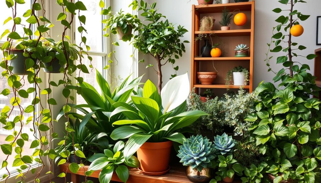 A lush indoor garden oasis, sunlit and serene, showcasing an array of pet-safe plants. In the foreground, leafy vines cascade elegantly, their tendrils reaching towards a central potted peace lily. Surrounding it, an assortment of sturdy succulents, hardy snake plants, and fragrant herbs nestle in cohesive harmony. Trailing ivy drapes gracefully from wall-mounted planters, while in the background, a miniature citrus tree stands tall, its vibrant foliage contrasting with the warm wooden tones of the shelving unit. The overall composition evokes a calming, natural ambiance, ideal for a cozy cat-friendly nook.