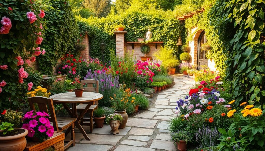 A lush, intimate garden oasis with vibrant blooms and verdant foliage, bathed in warm, golden afternoon light. In the foreground, a charming patio setting with a rustic wooden table and chairs, surrounded by a carefully curated selection of potted plants and small garden sculptures. In the middle ground, a winding stone path leads through a profusion of colorful perennials and cascading vines, creating a sense of depth and visual interest. The background features a low, stone wall, partially obscured by climbing ivy, framing the scene and adding a touch of old-world elegance. The overall atmosphere is one of tranquility, inspiration, and a celebration of the beauty of small-scale gardening.