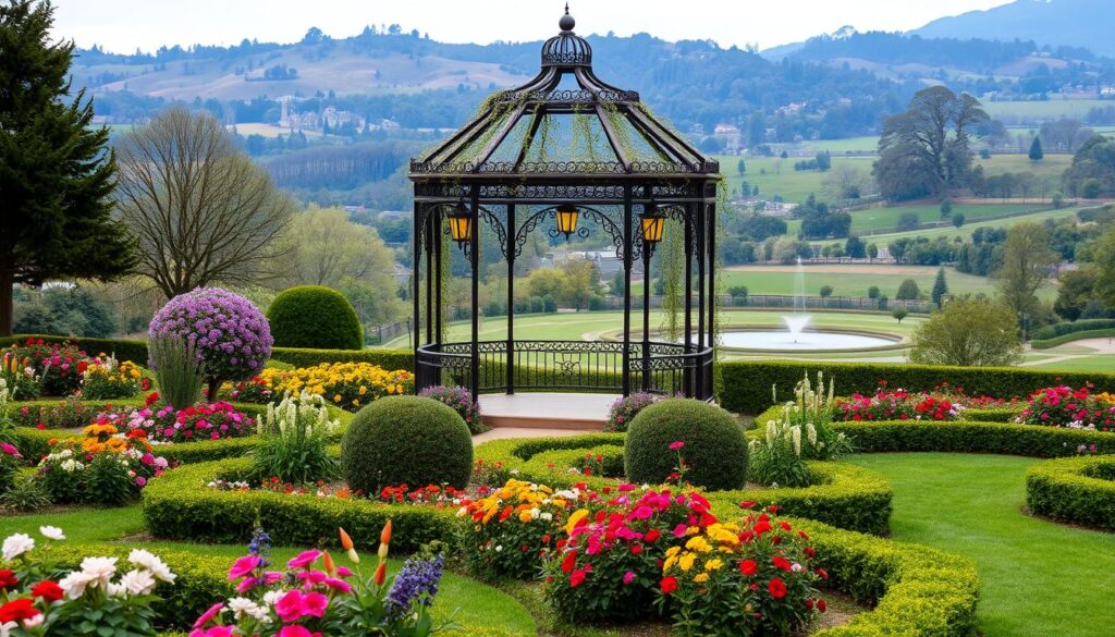 A lush, meticulously designed garden in the foreground, featuring an assortment of vibrant flowers, carefully pruned shrubs, and winding pathways. In the middle ground, a magnificent garden gazebo adorned with delicate vines and wrought-iron detailing, bathed in the warm glow of strategically placed lanterns. The background showcases a picturesque landscape, with rolling hills, mature trees, and a glimpse of a serene pond or fountain, creating a harmonious and inviting atmosphere. The overall scene conveys a sense of tranquility, elegance, and attention to detail, perfectly capturing the essence of a beautifully decorated garden. A lush, meticulously designed garden in the foreground, featuring an assortment of vibrant flowers, carefully pruned shrubs, and winding pathways. In the middle ground, a magnificent garden gazebo adorned with delicate vines and wrought-iron detailing, bathed in the warm glow of strategically placed lanterns. The background showcases a picturesque landscape, with rolling hills, mature trees, and a glimpse of a serene pond or fountain, creating a harmonious and inviting atmosphere. The overall scene conveys a sense of tranquility, elegance, and attention to detail, perfectly capturing the essence of a beautifully decorated garden.