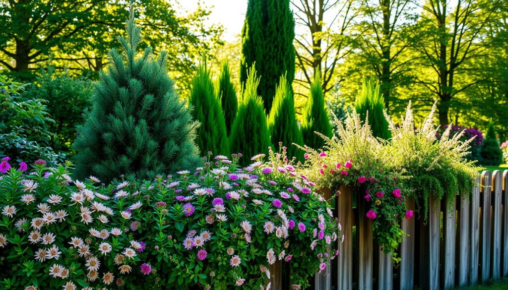 A lush, ornamental garden border adorns a rustic wooden fence, its vibrant hues and textures creating a visually captivating scene. In the foreground, a mix of flowering perennials and evergreen shrubs spill over the fence, their delicate petals and verdant foliage offering a tactile, naturalistic appeal. The middle ground features a selection of compact, pyramidal conifers, their needle-like fronds casting playful shadows across the scene. In the background, a row of tall, slender deciduous trees sway gently, their dappled leaves filtering the warm, golden light and adding depth and atmosphere to the composition. The overall mood is one of tranquility and organic beauty, inviting the viewer to immerse themselves in this serene, garden-inspired vignette.