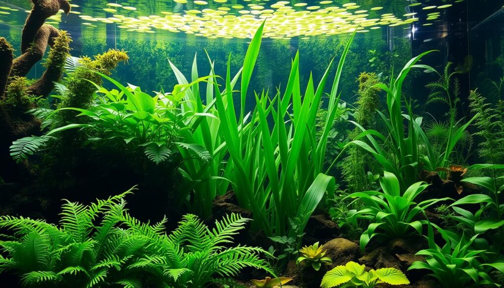 A lush, thriving aquatic garden teeming with the best plants for an axolotl habitat. In the foreground, clusters of verdant Anubias and Java Fern sway gently in the water's current. The middle ground features tall, graceful Vallisneria and Cryptocoryne, providing ample cover and oxygenation. In the background, a backdrop of floating Water Lettuce and Duckweed create a naturalistic, mossy ambiance. Soft, diffused lighting filters through the surface, casting a warm, tranquil glow over the scene. The overall composition evokes a serene, well-balanced underwater ecosystem perfectly suited for the needs of curious axolotls. A lush, thriving aquatic garden teeming with the best plants for an axolotl habitat. In the foreground, clusters of verdant Anubias and Java Fern sway gently in the water's current. The middle ground features tall, graceful Vallisneria and Cryptocoryne, providing ample cover and oxygenation. In the background, a backdrop of floating Water Lettuce and Duckweed create a naturalistic, mossy ambiance. Soft, diffused lighting filters through the surface, casting a warm, tranquil glow over the scene. The overall composition evokes a serene, well-balanced underwater ecosystem perfectly suited for the needs of curious axolotls.