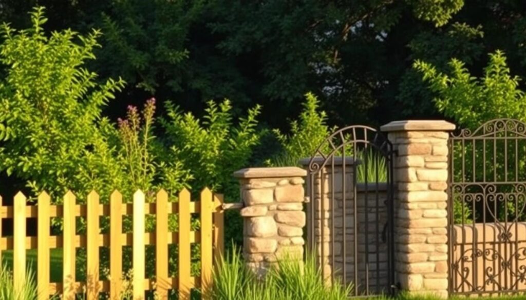 A lush, verdant garden backdrop with a variety of fencing options in the foreground. Wooden picket fences, stone walls, and wrought-iron gates stand as potential choices, each casting soft, natural shadows under the warm, golden sunlight. The scene exudes a sense of tranquility and rustic charm, inviting the viewer to consider the best fencing material to complement their own outdoor space. The image should capture the essence of the section title, guiding the viewer through the initial steps of selecting the right garden fencing.