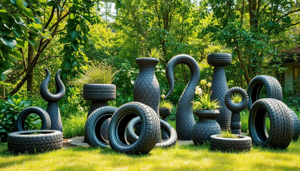 A lush, verdant garden backdrop, with sunlight filtering through the leaves. In the foreground, a cluster of whimsical, sculptural forms crafted from recycled tires. Intricate patterns and textures adorn the pieces, each one a unique work of art. The compositions blend organic and industrial elements, creating a striking contrast. Artistic arrangements of tire planters, vases, and abstract sculptures dot the scene, showcasing the versatility and creativity of repurposed materials. The overall atmosphere is one of tranquility and imagination, inviting the viewer to explore the boundless possibilities of upcycled garden decor.