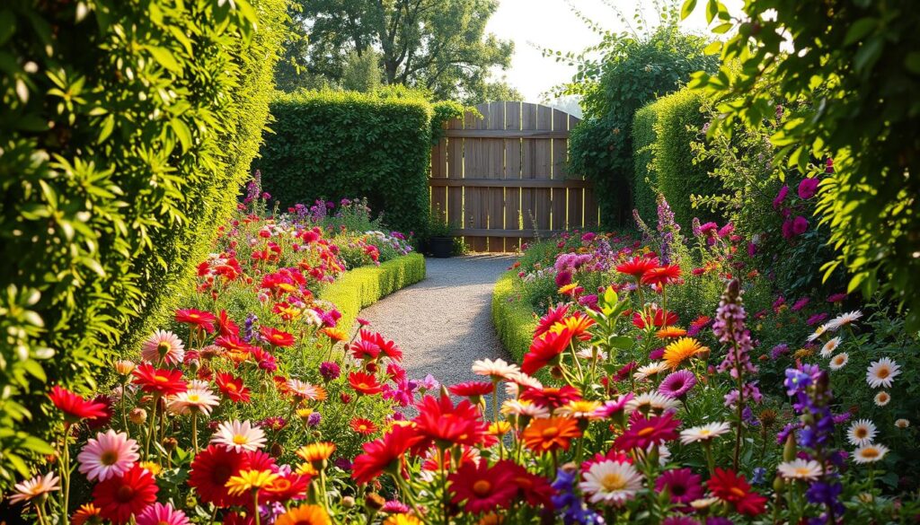 A lush, verdant garden filled with an abundance of vibrant, blooming flowers. The foreground features a well-tended flowerbed with a harmonious mix of colorful annuals and perennials, such as dahlias, cosmos, and delphiniums. Framing the scene, neatly trimmed hedges and lush, cascading foliage create a sense of enclosure and privacy. In the middle ground, a gravel path winds through the garden, leading the eye deeper into the tranquil, sun-dappled landscape. The background showcases a quaint, rustic wooden fence, partially obscured by trailing vines and climbing roses, evoking a charming, old-world ambiance. The lighting is soft and diffused, casting a warm, golden glow over the entire composition, highlighting the delicate petals and lush greenery. Captured with a wide-angle lens, the scene conveys a sense of serene, intimate scale, inviting the viewer to step into this enchanting, small-scale floral oasis.