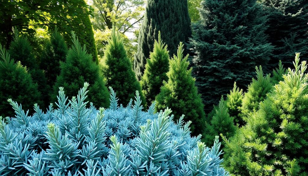A lush, verdant garden filled with an assortment of evergreen conifers, standing tall and proud as a harmonious alternative to the traditional Thuja hedge. In the foreground, a cluster of graceful Juniperus squamata 'Blue Star' with their distinctive blue-green foliage, creating a soothing contrast against the deep green of Picea glauca 'Conica' and Taxus baccata 'Fastigiata' in the middle ground. Dappled sunlight filters through the canopy, casting a warm, natural glow upon the scene. The composition is balanced and serene, inviting the viewer to imagine the peaceful ambiance of this evergreen sanctuary, a harmonious alternative to the ubiquitous Thuja.