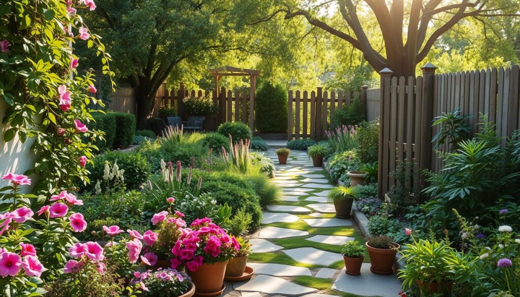 A lush, verdant garden oasis with a whimsical, charming atmosphere. In the foreground, a variety of vibrant blooms and flourishing potted plants adorn a cozy patio setting, inviting visitors to relax and bask in the tranquility. The middle ground features a meandering stone path leading through a well-curated mix of perennials, shrubs, and lush greenery, creating a sense of depth and exploration. In the background, a quaint, rustic fence frames the scene, complemented by the dappled sunlight filtering through the canopy of mature trees, casting a warm, magical glow over the entire composition. The overall mood is one of serene inspiration, encouraging the viewer to imagine the endless possibilities for transforming a small outdoor space into a cherished oasis of calm and beauty.