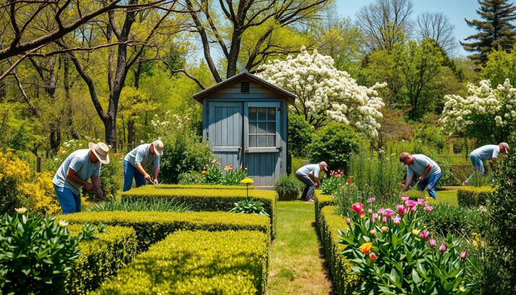 A lush, verdant garden on a bright spring day, with workers tending to the plants and flowers in accordance with local labor regulations for May 1st. In the foreground, a group of gardeners carefully pruning hedges and weeding flower beds, their movements choreographed by the rhythmic click of their gardening tools. In the middle ground, a small shed or toolshed stands, its weathered wooden structure casting soft shadows across the scene. The background is filled with a vibrant array of blooming trees and shrubs, their leaves gently swaying in the warm breeze. The overall mood is one of tranquility and industriousness, reflecting the traditional practices and legal guidelines surrounding gardening work on this particular holiday.