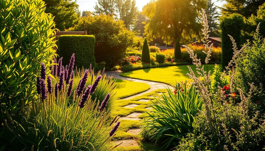 A lush, verdant garden scene bathed in warm, golden sunlight. In the foreground, a cluster of tall, leafy bushes and plants, their foliage rustling gently in a light breeze. Amid the greenery, natural repellents like lavender, lemongrass, and eucalyptus are strategically placed, their fragrant oils wafting through the air. In the middle ground, a path winds through the garden, lined with carefully selected plants and herbs that deter ticks and other pests. The background features a neatly trimmed lawn, dotted with colorful flowers and the occasional tall, mature tree providing natural shade. The overall mood is one of tranquility and environmental harmony, where a thoughtful, proactive approach to pest prevention is seamlessly integrated into the garden's design.