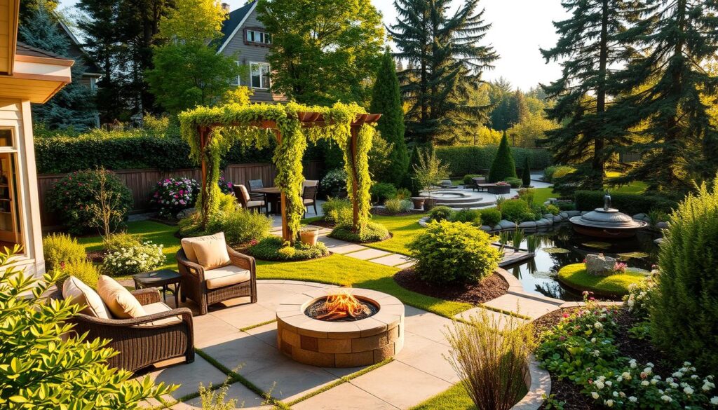 A lush, verdant garden scene showcasing a variety of thoughtfully designed outdoor living spaces. In the foreground, a meticulously landscaped patio features contemporary furniture and a cozy fire pit, bathed in warm, golden sunlight. The middle ground reveals a whimsical pergola adorned with cascading vines, surrounded by well-manicured flowerbeds and neatly trimmed shrubs. In the background, a tranquil koi pond reflects the silhouettes of towering trees, creating a serene and harmonious atmosphere. The overall composition evokes a sense of peaceful relaxation and thoughtful garden design. A lush, verdant garden scene showcasing a variety of thoughtfully designed outdoor living spaces. In the foreground, a meticulously landscaped patio features contemporary furniture and a cozy fire pit, bathed in warm, golden sunlight. The middle ground reveals a whimsical pergola adorned with cascading vines, surrounded by well-manicured flowerbeds and neatly trimmed shrubs. In the background, a tranquil koi pond reflects the silhouettes of towering trees, creating a serene and harmonious atmosphere. The overall composition evokes a sense of peaceful relaxation and thoughtful garden design.